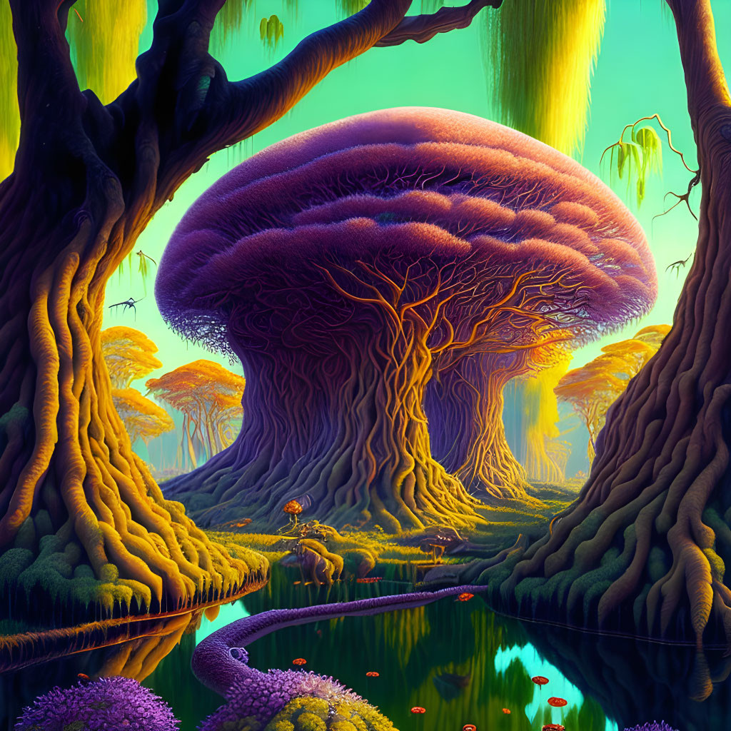 Colorful Fantasy Forest with Purple Mushroom Tree and Tranquil Stream