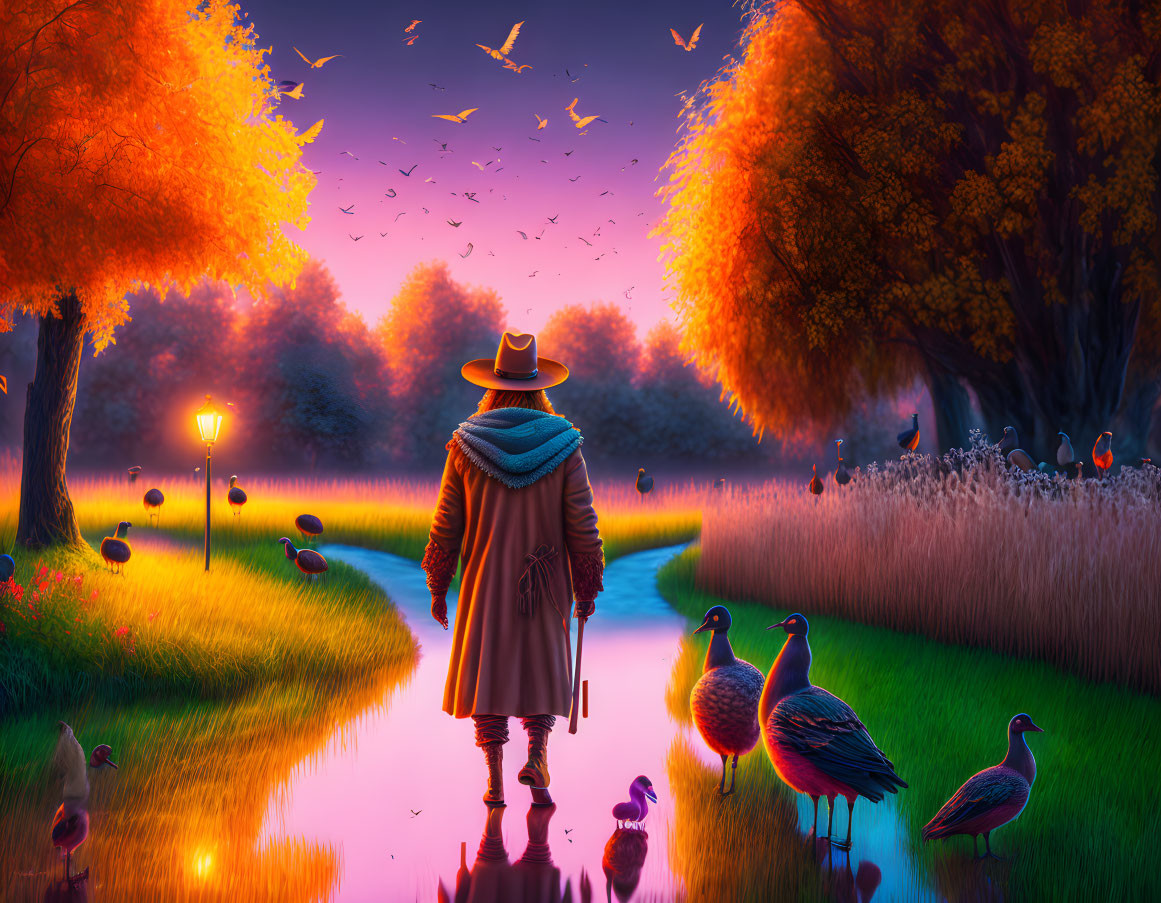 Person in Coat and Hat by Serene Pond at Twilight with Autumn Trees and Geese