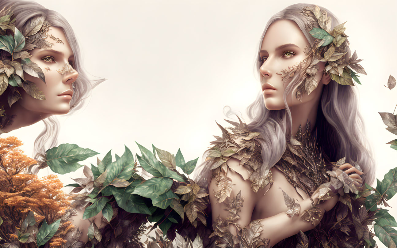 Ethereal figures with foliage and metallic accents on neutral background