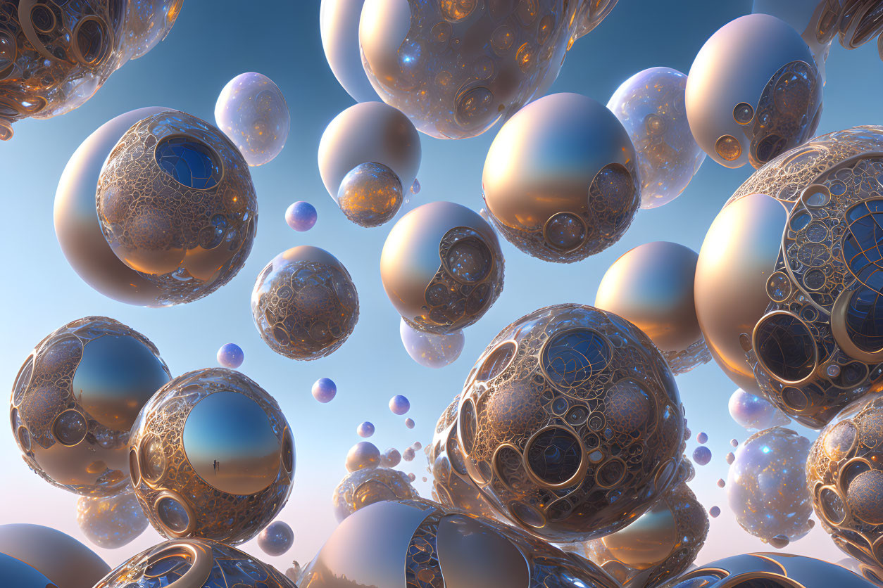 Intricate floating spheres against soft blue sky