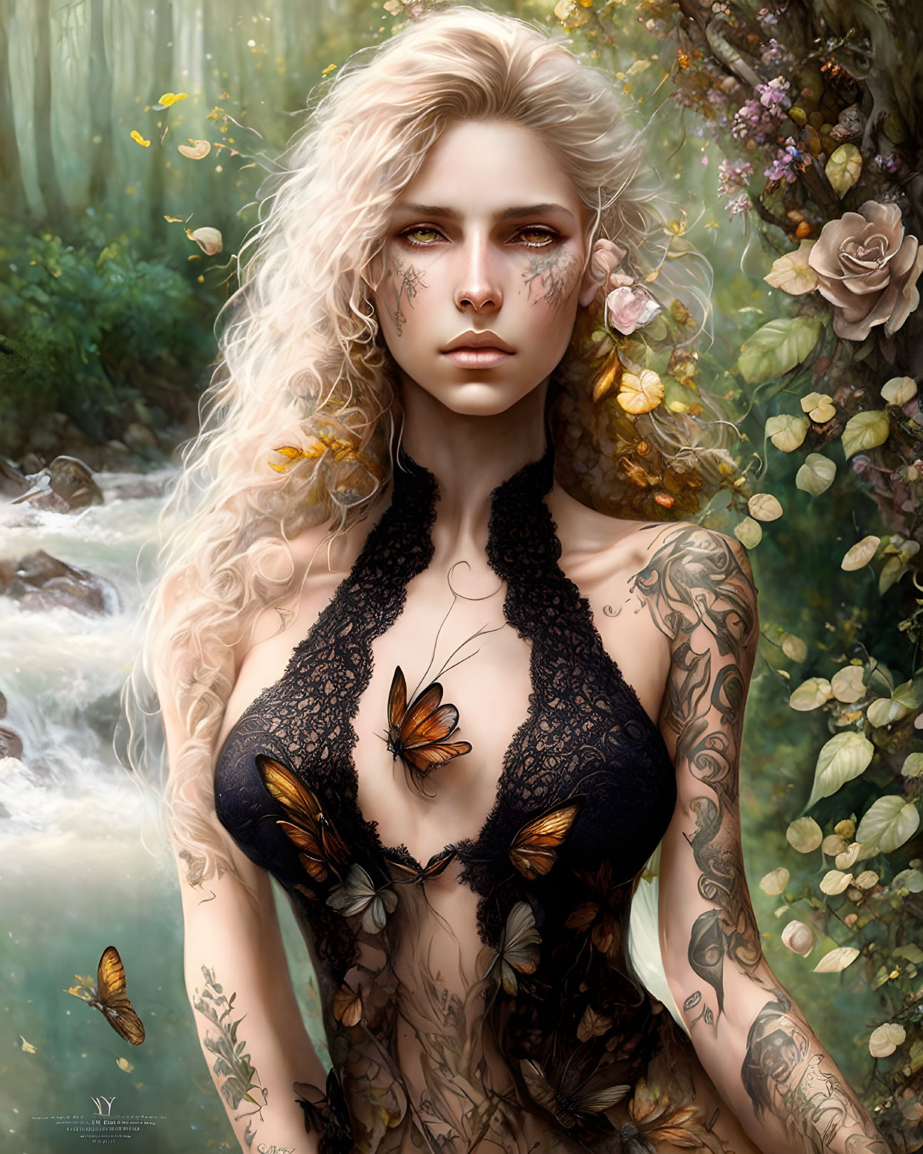 Blonde Curly Haired Woman with Tattoos and Butterflies in Forest Scene