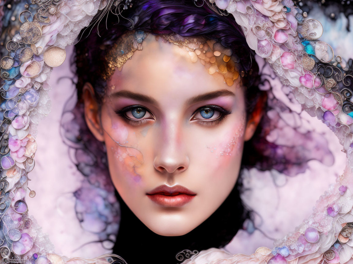 Violet-haired woman in fantasy makeup surrounded by colorful bubbles