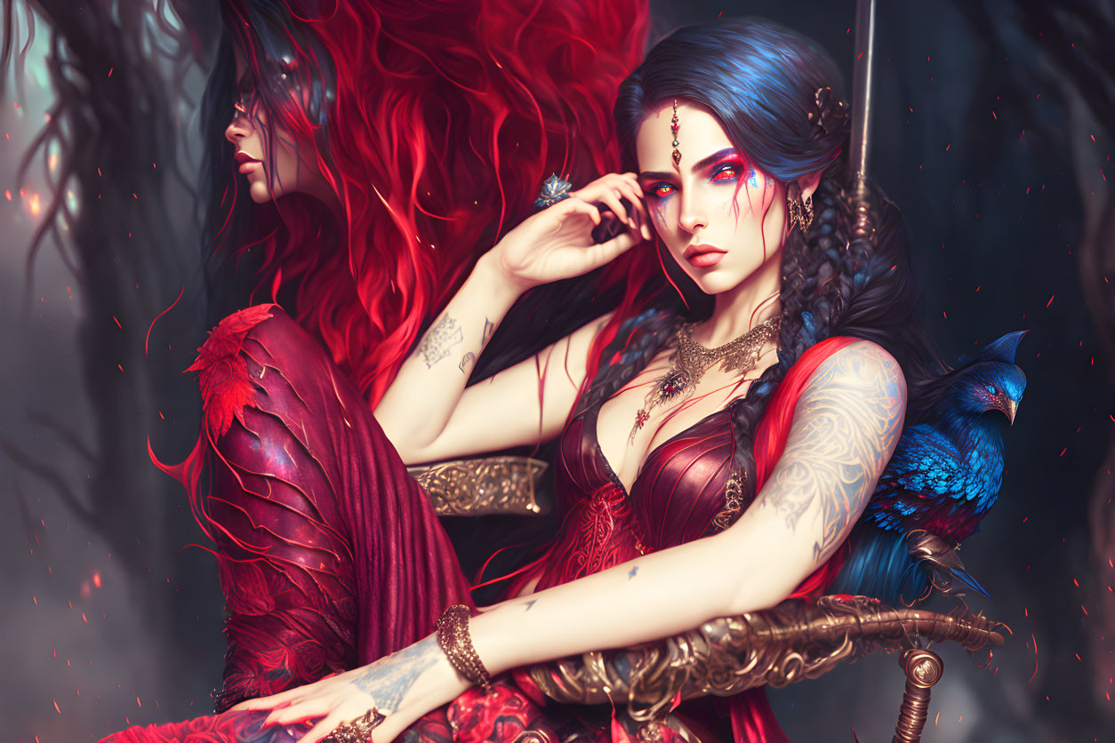 Fantasy women with red and blue hair, tattoos, jewelry, and bluebird in mystical setting