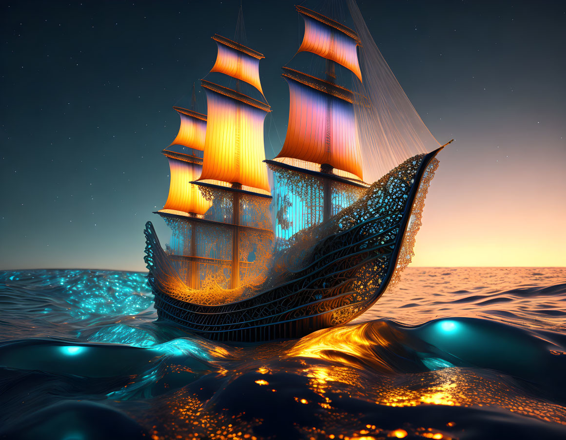 Ornate illuminated sailing ship on glowing ocean at sunset