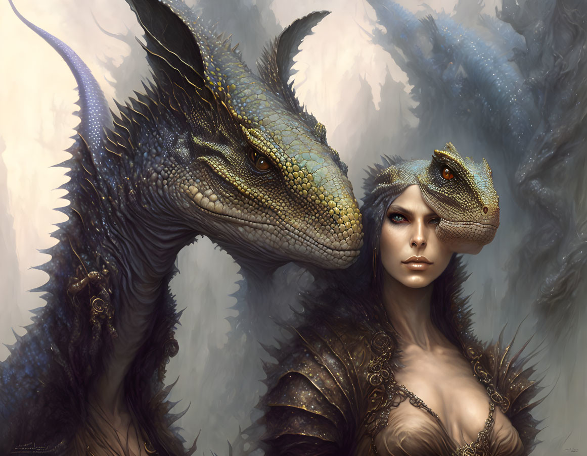 Fantasy painting of woman with lizard creature and dragon