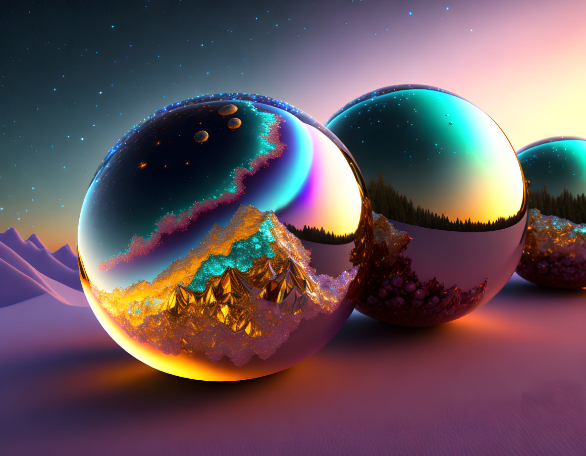 Glossy spheres reflecting mountain landscape and starry sky on purple backdrop
