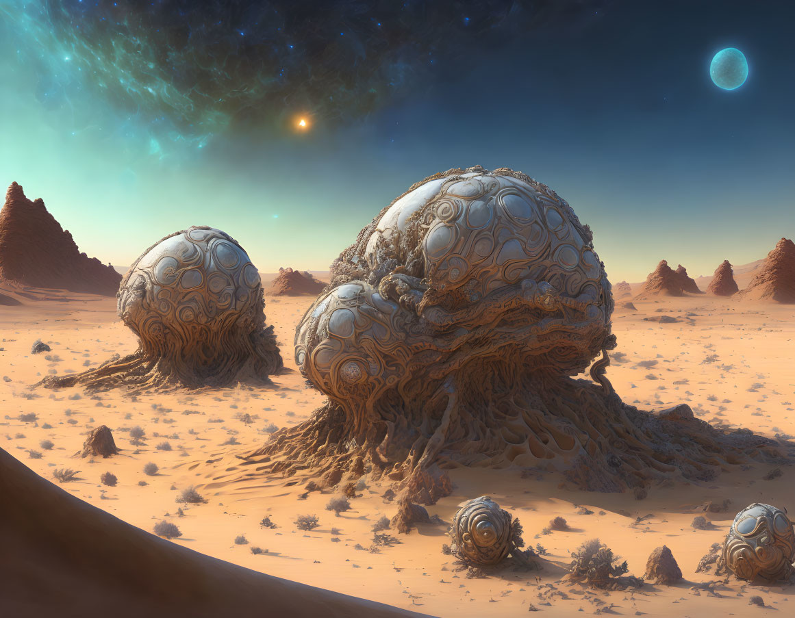 Futuristic desert scene with spherical structures under starlit sky