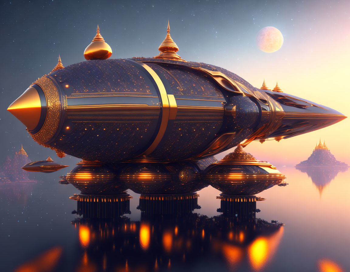 Futuristic spaceship with temple-like designs over reflective water at twilight.