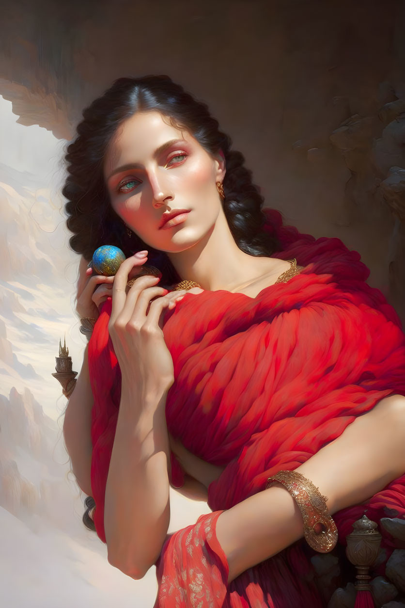 Dark-haired woman in red draped garment holding blue orb in cavernous setting