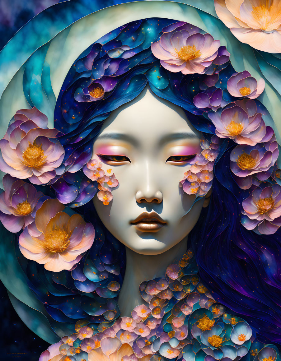 Illustration: Serene female face with violet and pink flowers on blue celestial backdrop