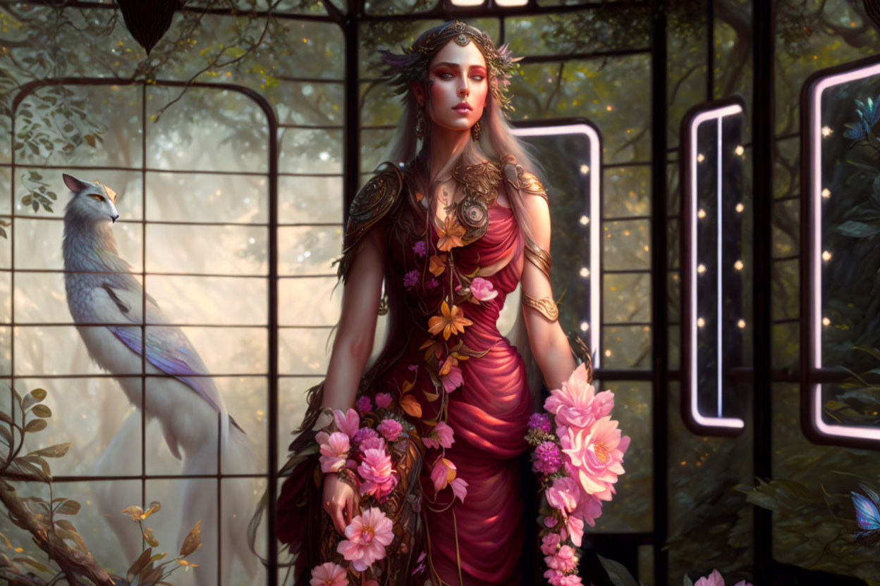 Regal woman in pink gown with golden crown near white bird in futuristic setting