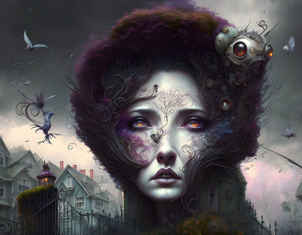 Surreal portrait of a woman with ornate designs, mechanical hair, birds, and eerie houses