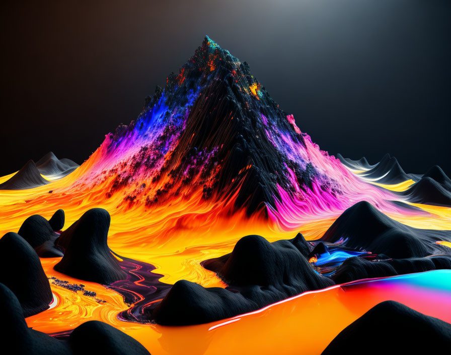 Colorful digital artwork: neon-lit lava landscape with sharp mountain