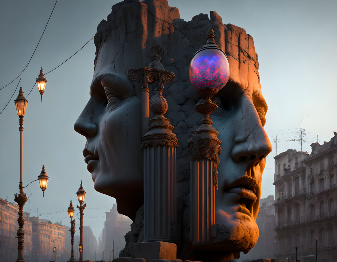 Large fragmented human head sculpture with glowing orb, flanked by columns, in dusky cityscape.