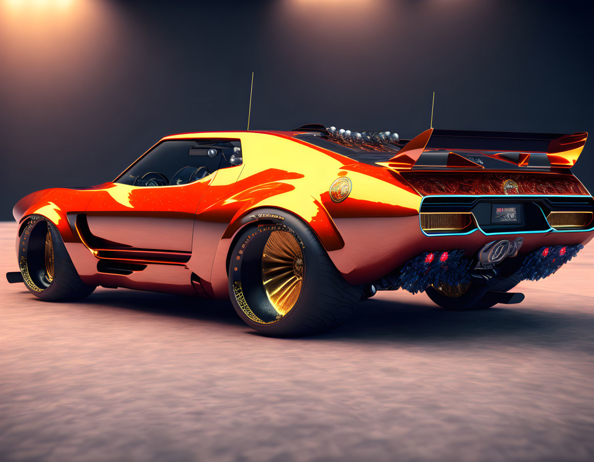 Futuristic orange sports car with gold rims on moody backdrop