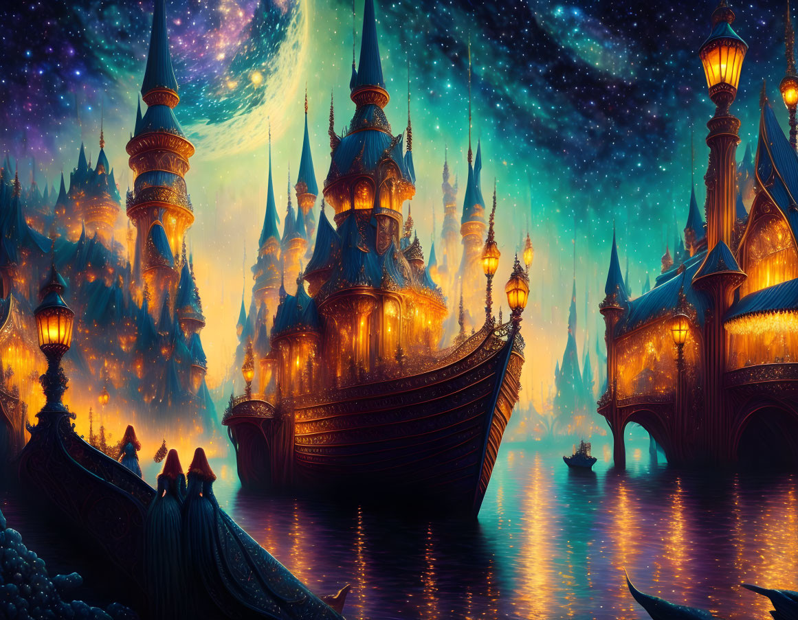 Majestic castle and ship merge in fantastical night scene