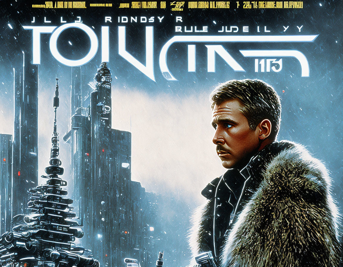 Futuristic cityscape movie poster with male figure in coat