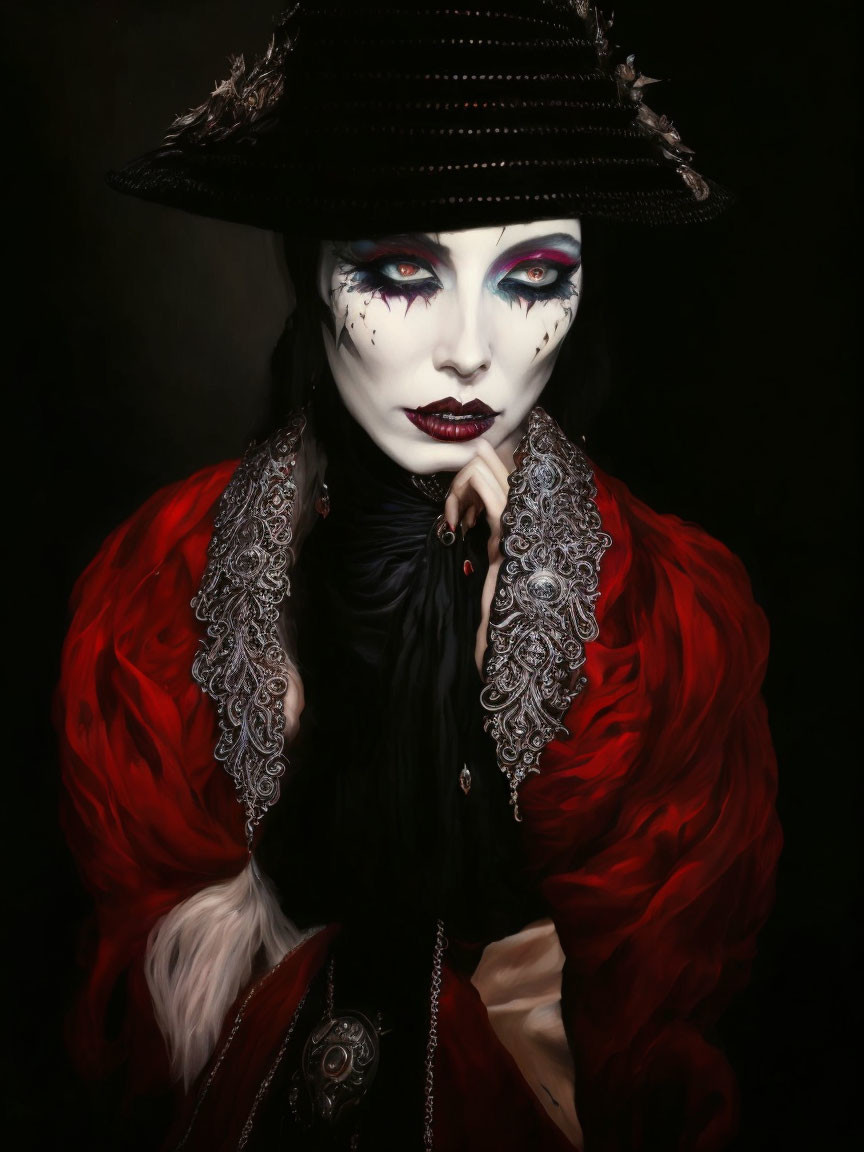 Gothic makeup with black hat, white face paint, black lipstick, and red/black cape