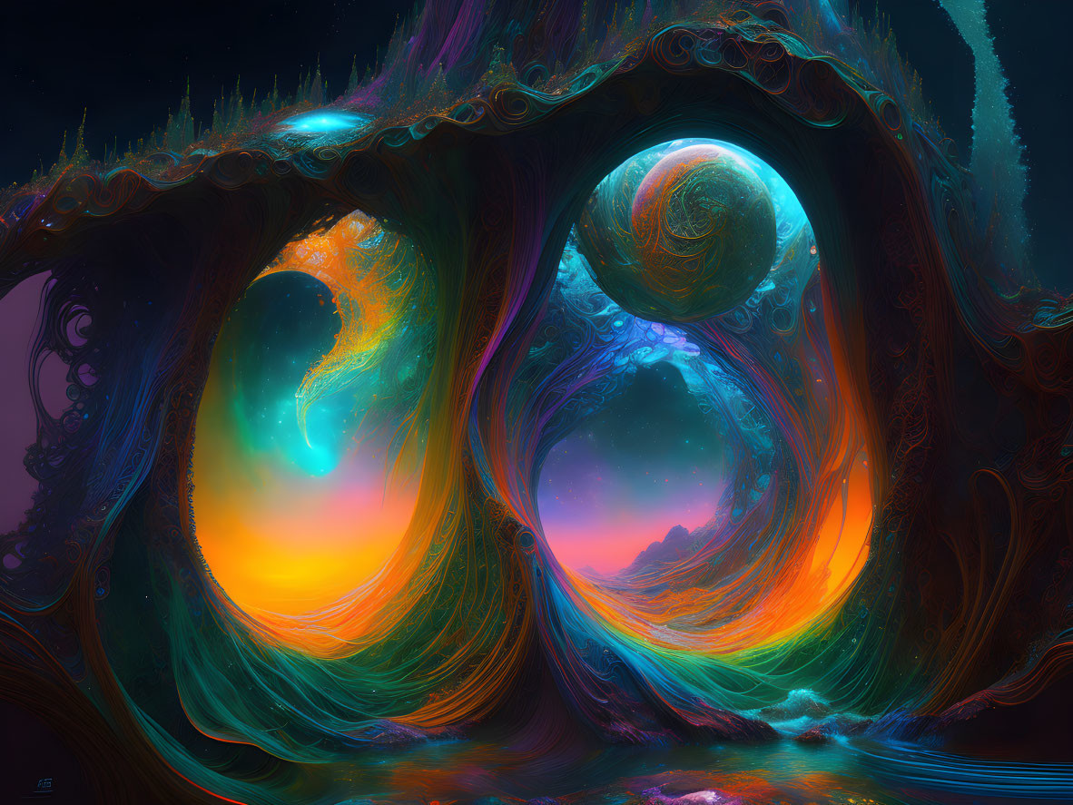 Colorful Digital Art: Swirling Organic Shapes in Iridescent Colors