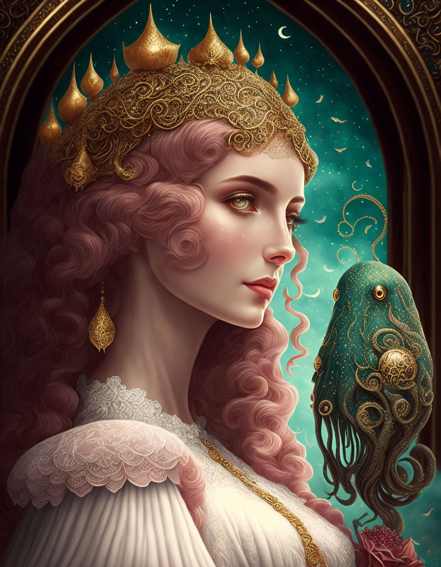 Regal queen with golden crown and intricate jewelry beside surreal fish in ornate frame