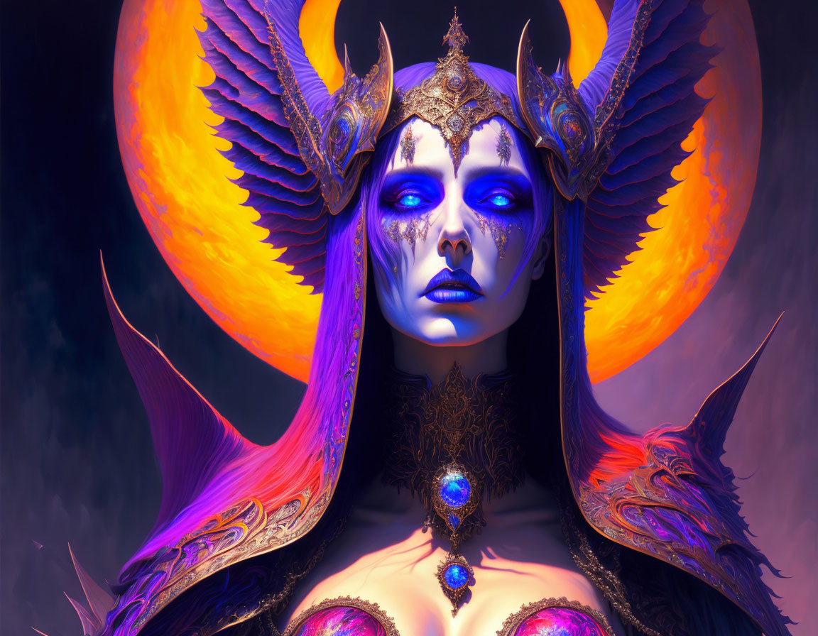 Fantasy digital artwork: Blue-skinned female with golden headdress & glowing eyes