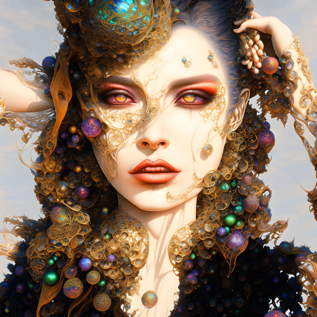 Fantasy portrait of woman with gold filigree, colorful orbs, and striking makeup