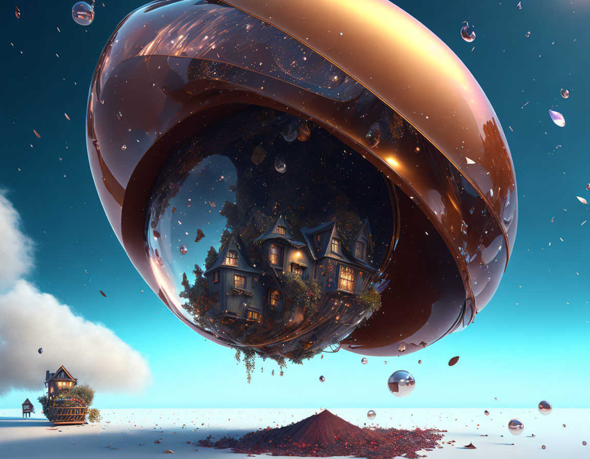 Whimsical floating orb over surreal landscape