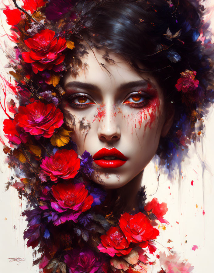 Vibrant portrait of woman with red and purple flower halo and striking makeup