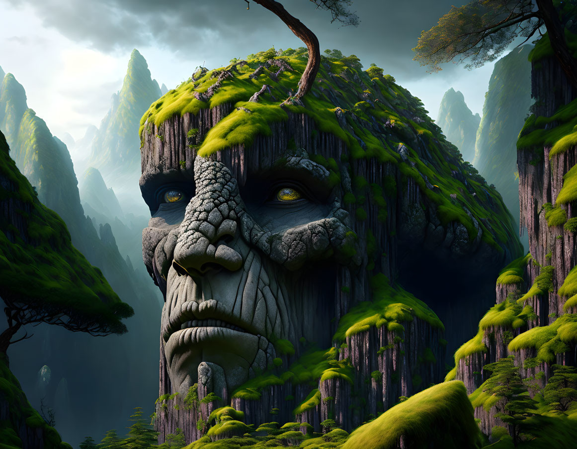 Gigantic stone face resembling a wise gorilla in mystical landscape