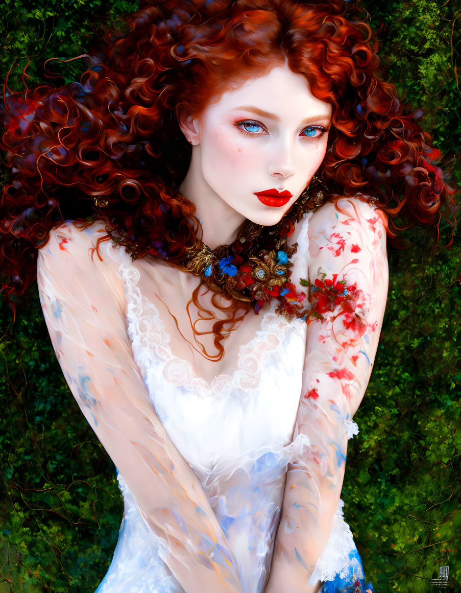 Voluminous red curly hair, blue eyes, red lipstick woman in white dress on green background