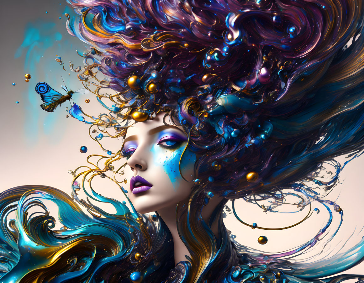 Surreal portrait of woman with flowing multicolored hair and butterfly.