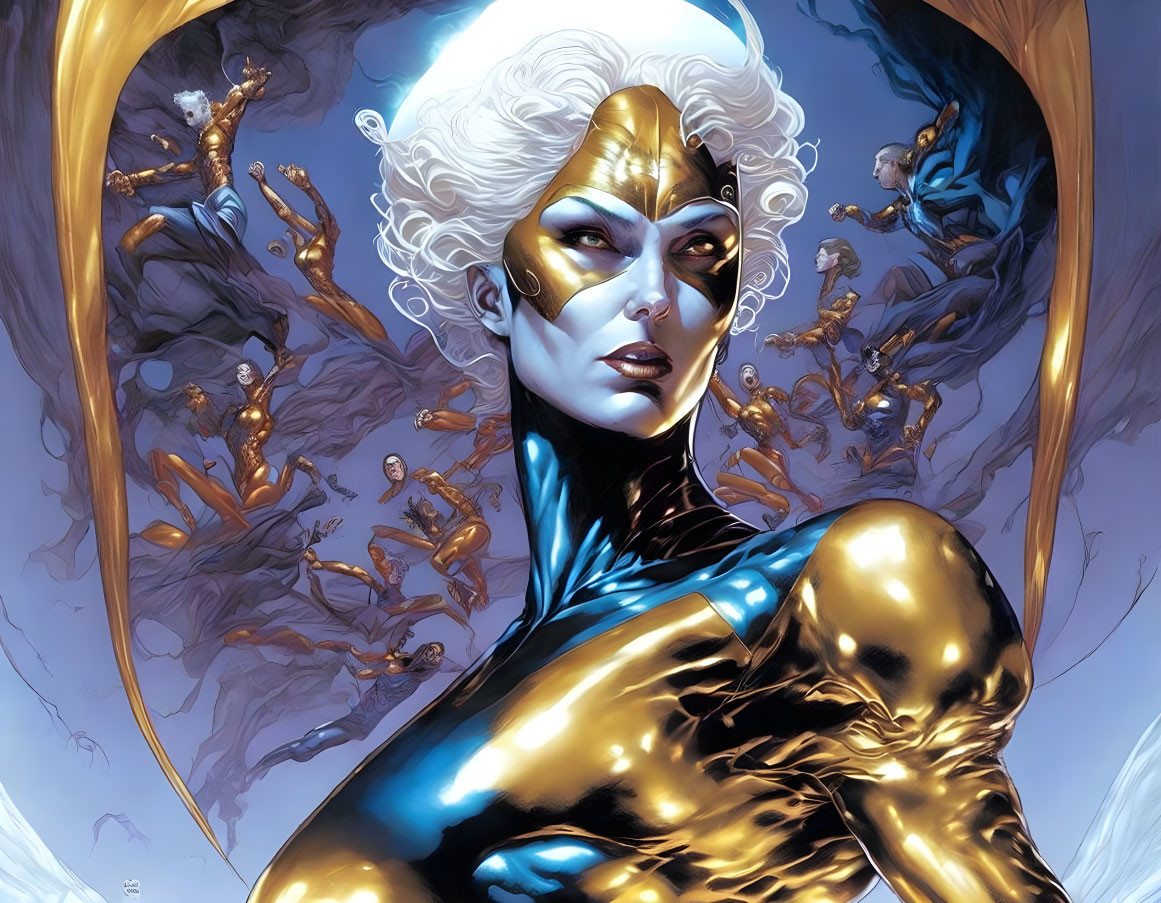 Golden-skinned character with white hair and mask in cosmic comic book illustration