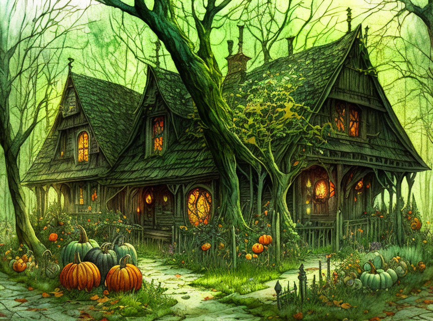 Cozy medieval-style cottage in forest with pumpkins and warm glow