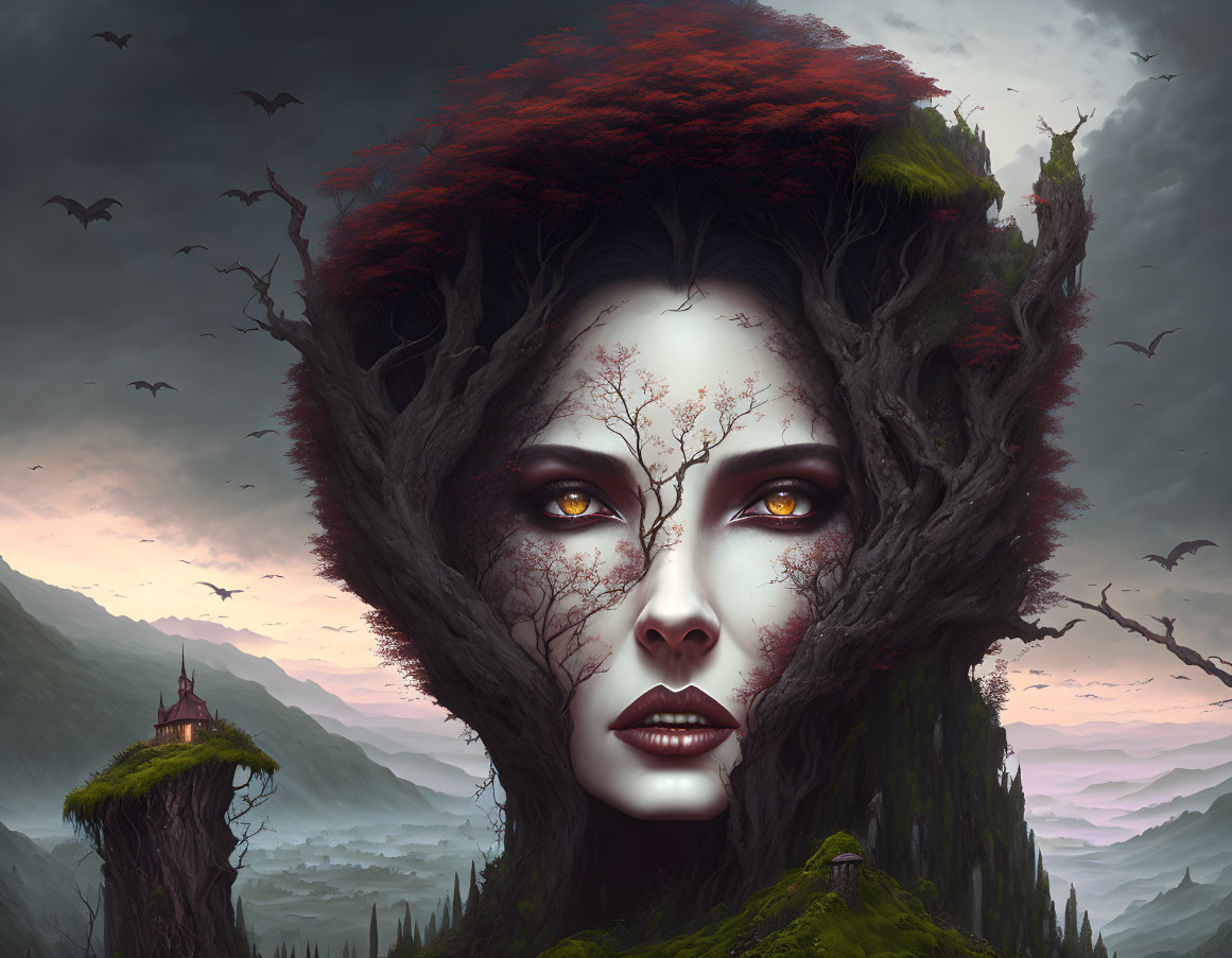 Portrait of woman merging with nature in misty landscape with bats