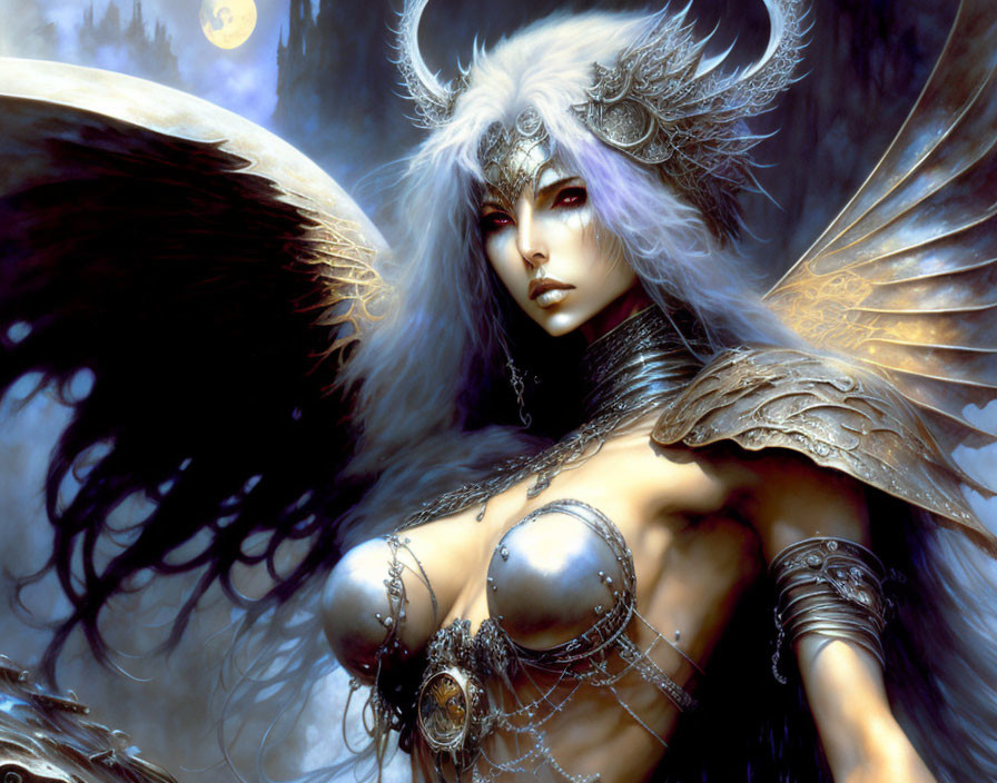Fantasy artwork featuring figure with white hair, feathered wings, intricate armor under moonlit sky