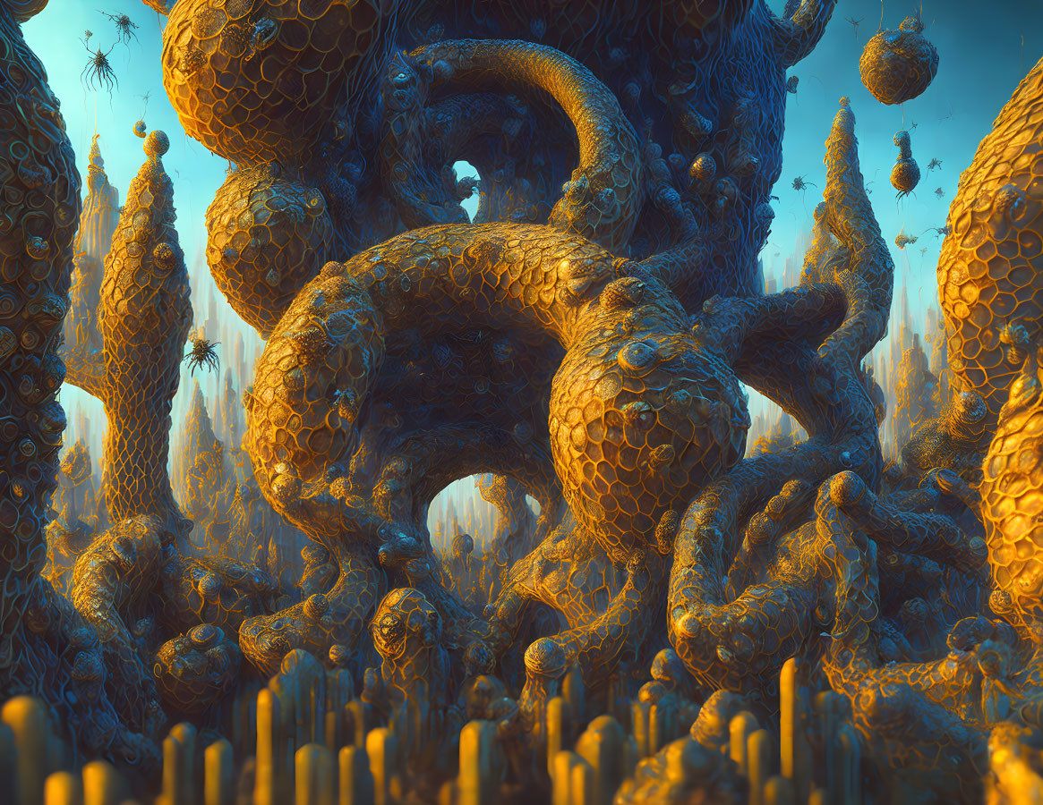 Alien landscape with tentacle-like structures and honeycomb patterns