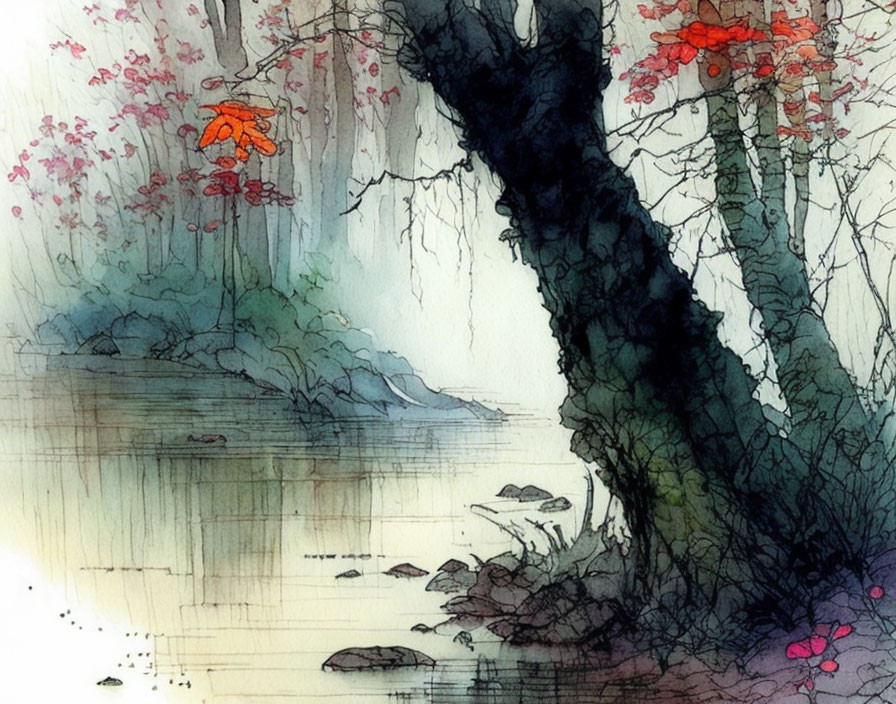 Serene forest scene with trees, blossoms, pond, and boat in watercolor