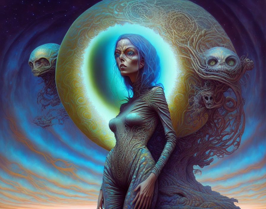 Fantasy illustration of blue-skinned woman with mystical patterns under glowing moon