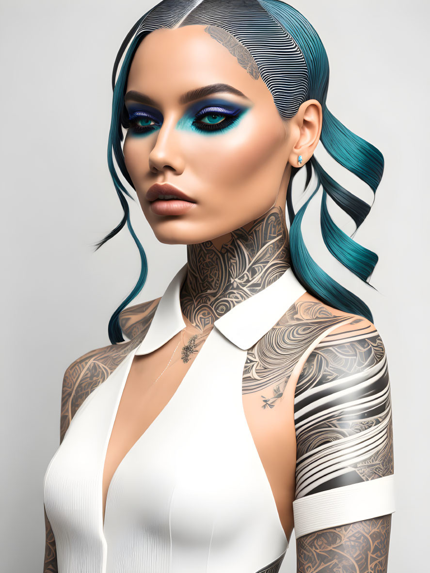 Portrait of a woman with blue eye makeup, teal hair, and tattoos on grey background