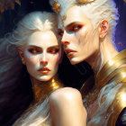 Fantasy characters with pale skin, white hair, gold jewelry, and red gemstones.