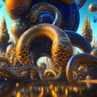 Alien landscape with tentacle-like structures and honeycomb patterns