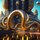 Intricate golden cityscape with swirling towers on blue sky