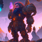 Majestic dwarf warrior with flaming hair in intricate armor.