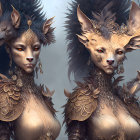 Mystical human-fox hybrid figures in ornate armor and jewelry in golden grass