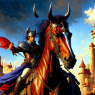 Warrior in horned armor on horseback under dramatic sky.