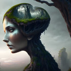 Surreal artwork: Woman with forest landscape hair, trees, moss, reflective surface, birds,