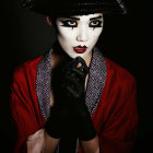 Gothic makeup with black hat, white face paint, black lipstick, and red/black cape