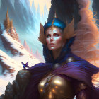 Golden-armored fantasy figure in snowy mountain landscape with blue cape and bird