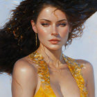 Woman's portrait with flowing hair and golden-orange flowers by glistening water and sun flare