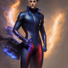 Male superhero in blue and gold costume with fiery energy - dark background